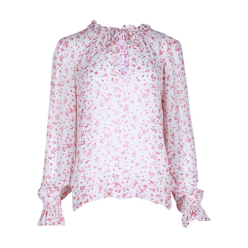 Ganni Ruffled Floral-Print Blouse in White Viscose
